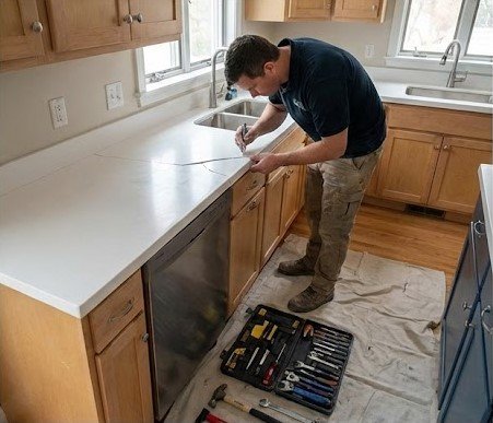 Akrilik tezgah onarım işlemi sırasında zımpara ve polisaj uygulaması